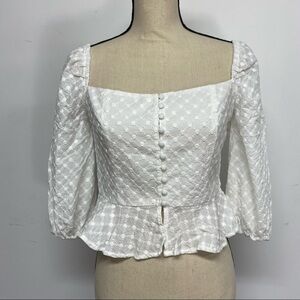 Forever 21 White Eyelet Ruffle Sleeve Bodice Cropped Peplum Top Size Medium